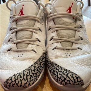 Jordan White and Red Athletic Shoes with Iconic Design